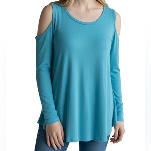 KAARI BLUE Top Cold Shoulder Blouse Aqua Knit Tunic Length Size Medium